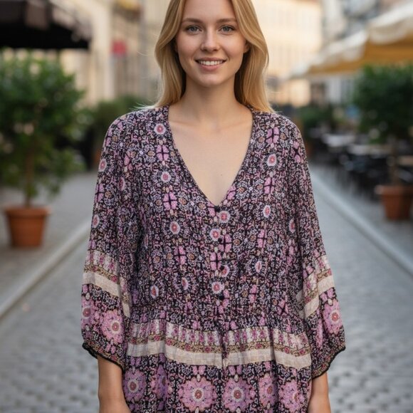 Cato 22/24  BohoFloral V-Neck Women's Top - Black and Pink - Picture 3 of 7